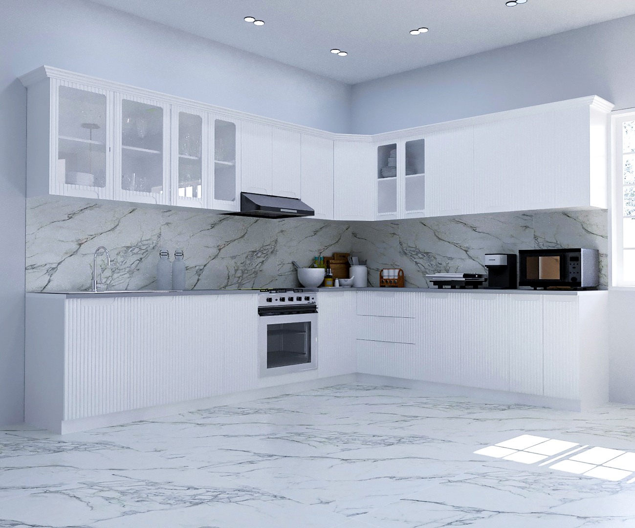 Mobilier de Bucătărie MDF Set, Space, Colț, 300x250cm, Alb Rustic