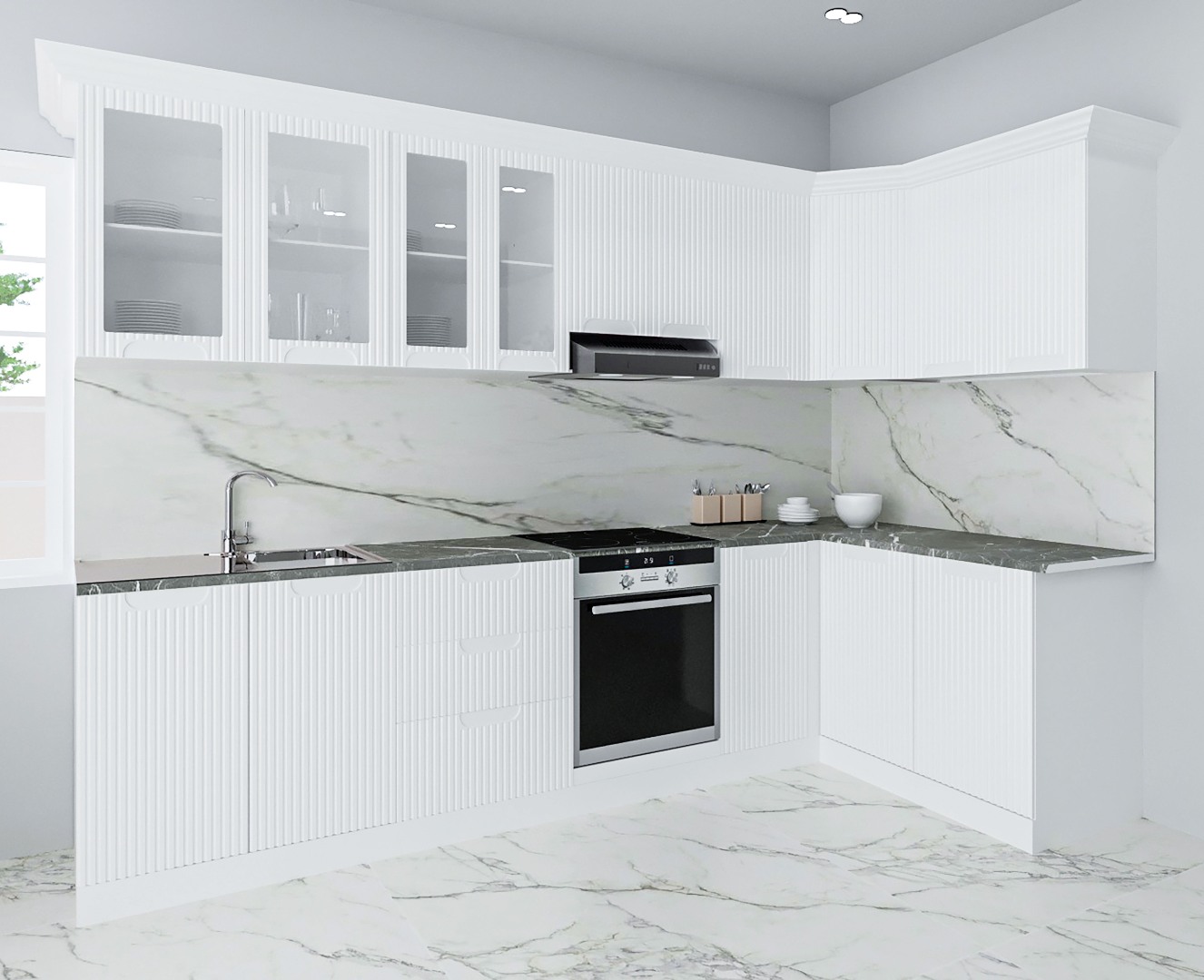 Mobilier de Bucătărie MDF Set, Space, Colț, 300x140cm, Alb Rustic