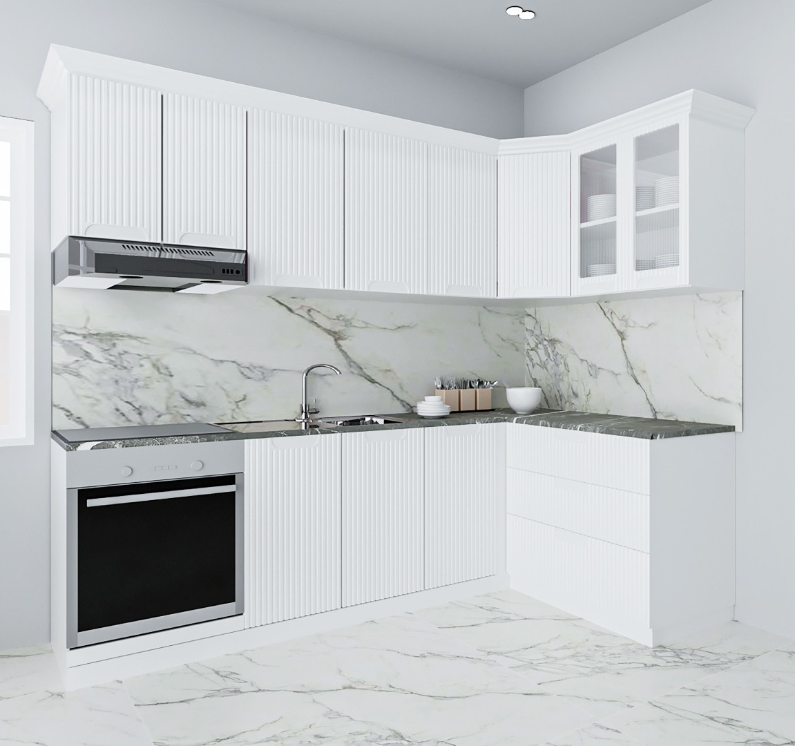 Mobilier de Bucătărie MDF Set, Space, Colț, 240x140cm, Alb Rustic