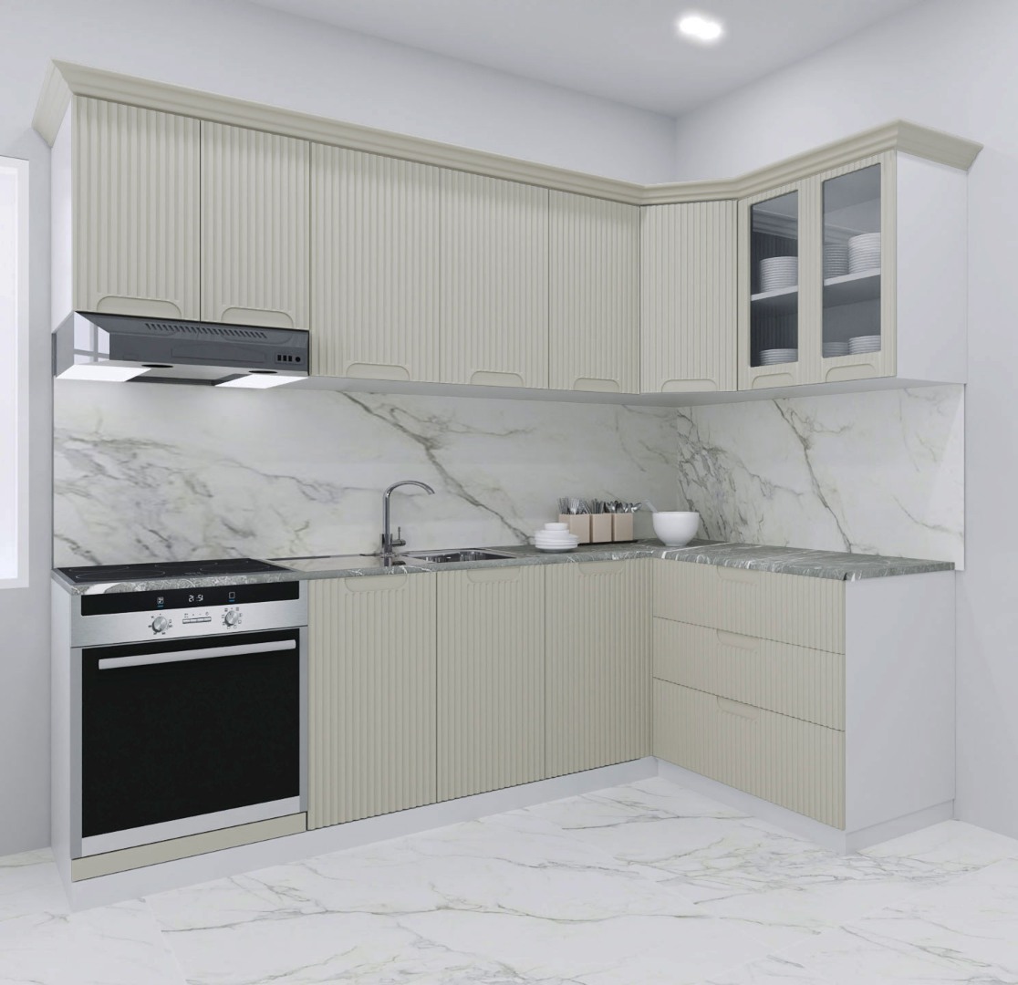 Mobilier de Bucătărie MDF Set, Space, Colț, 240 x 140cm, Crem