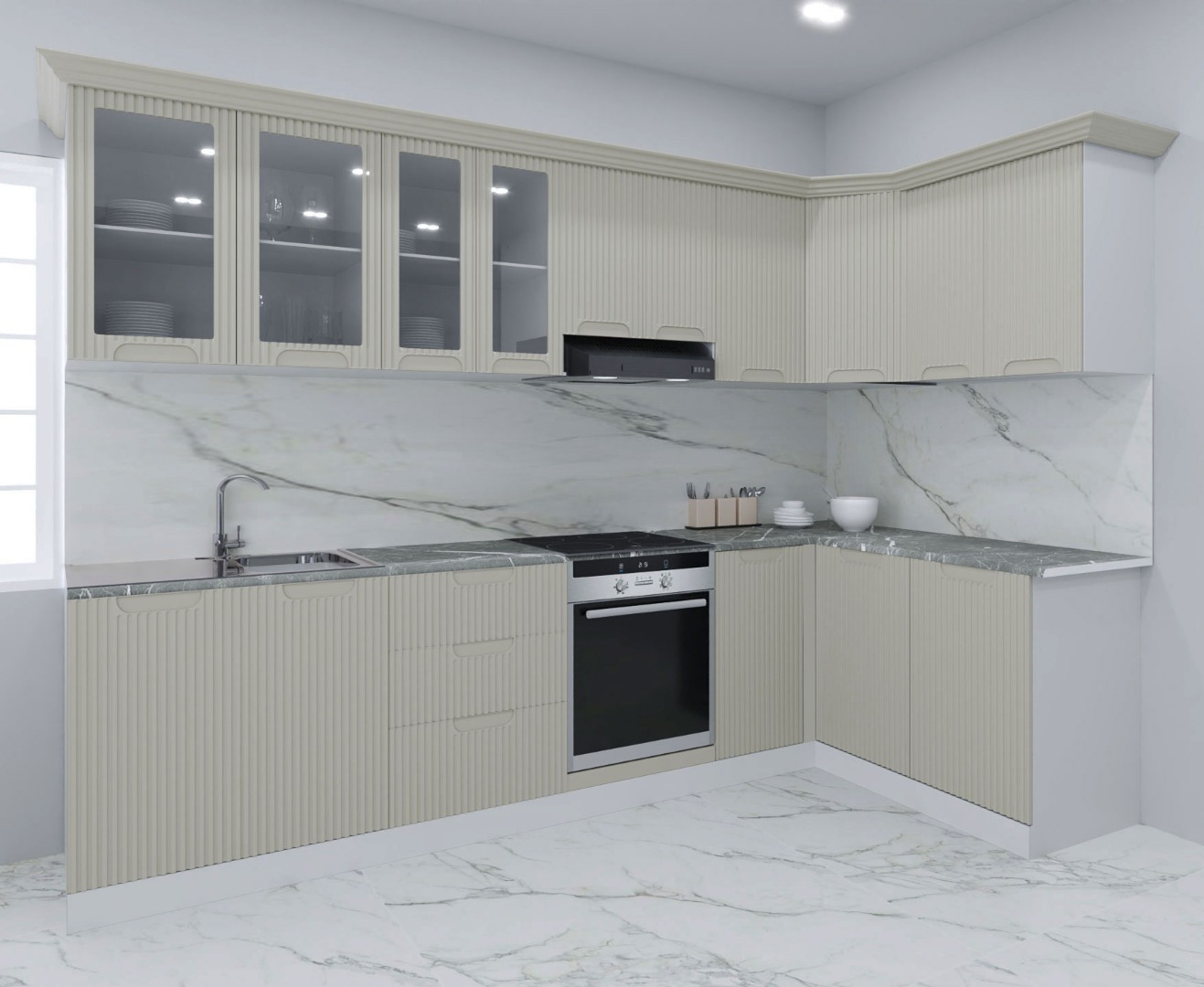 Mobilier de Bucătărie MDF Set, Space, Colț, 300 x 140cm, Crem