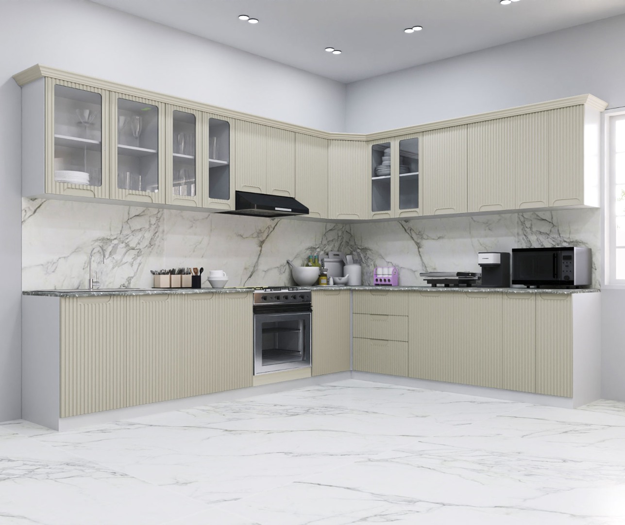 Mobilier de Bucătărie MDF Set, Space, Colț, 300 x 250cm, Crem